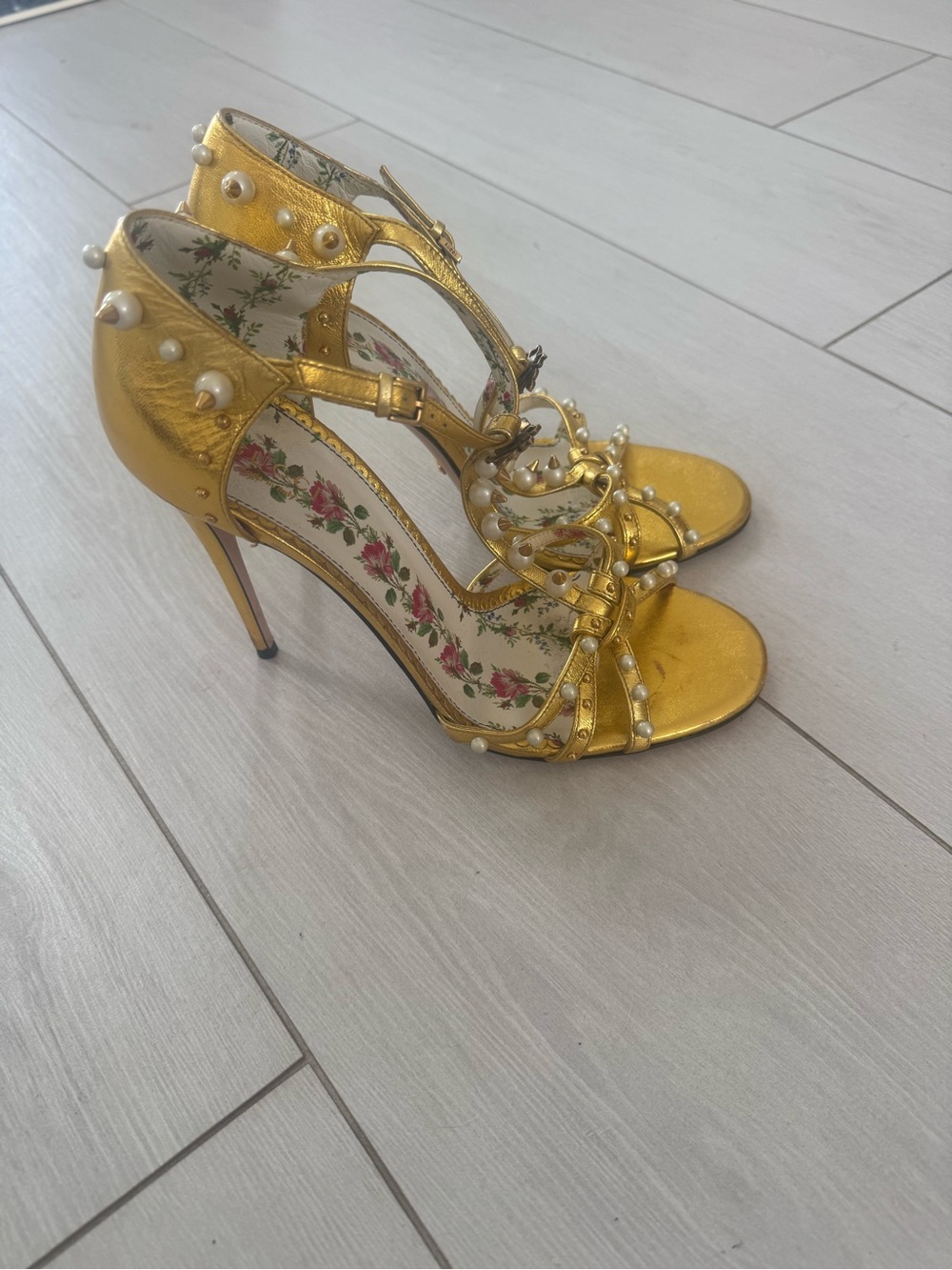 Gucci Metallic Gold Pearl-Embellished Strappy High Heels
